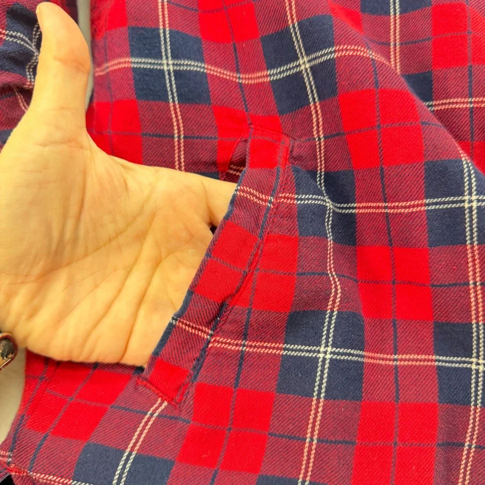 Club Room Mens Shirt Jacket XL Red Blue Plaid Quilted Lined Flannel Cotton Blend